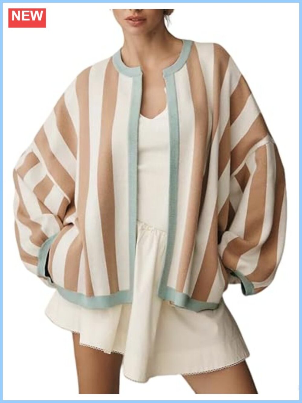 Women's Loose Fit Striped Cardigan Long Balloon Sleeves Open Front Knit Sweater